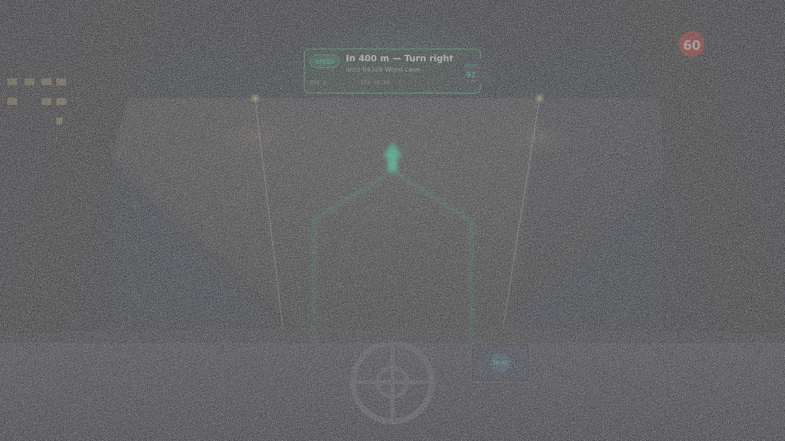 Night driving scene — MJ Maps navigation HUD with GREEN turn score